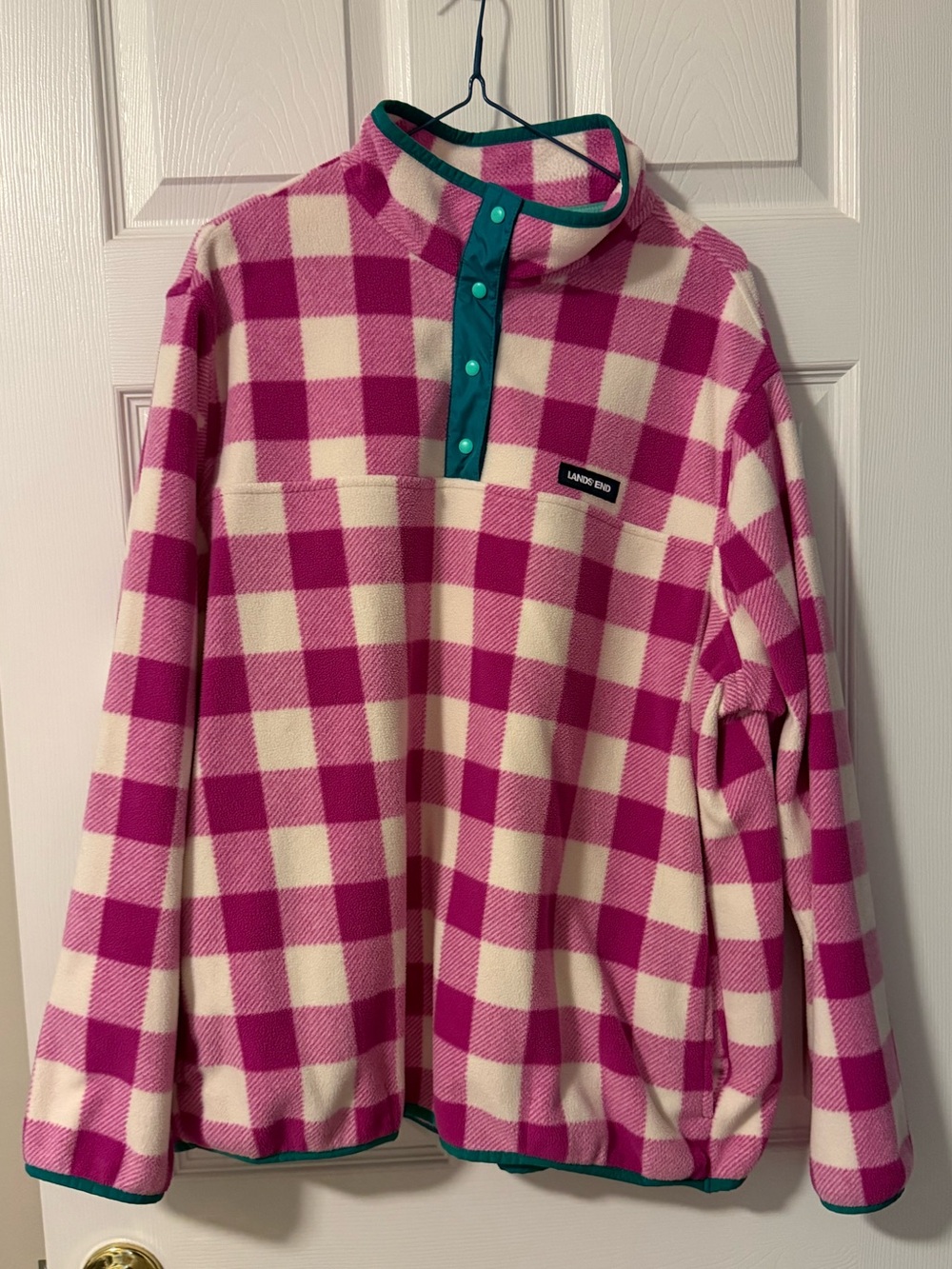 Lands' End Pink and Cream Buffalo Check Snap-Placket Fleece Pullover